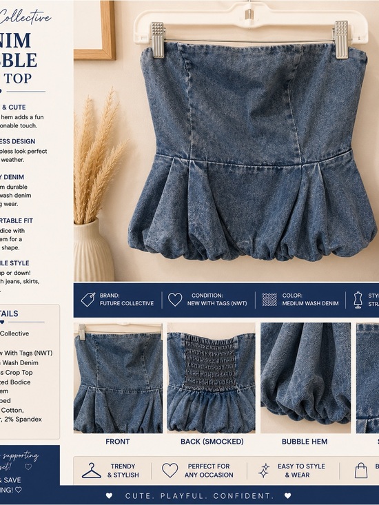Future Collective Tops - Future Collective Medium Wash Denim Bubble Hem Strapless Crop Top